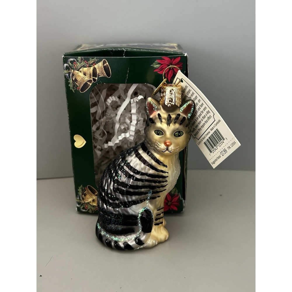 Striped Tabby Cat Blown Glass Christmas Ornament Old World Christmas W/Tag & Box